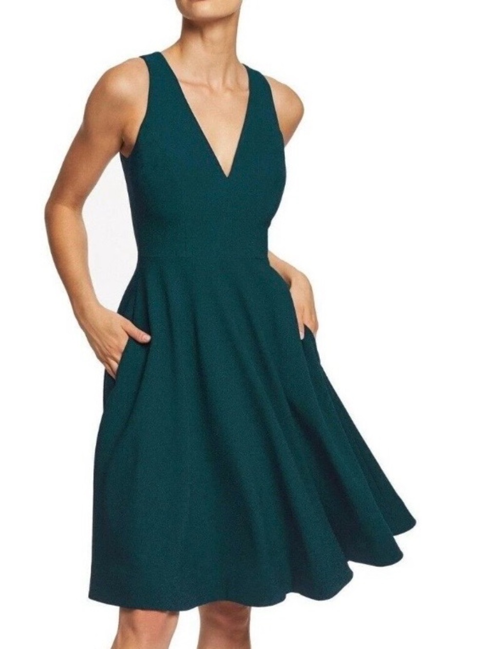 DRESS THE POPULATION Anthropologie Pine Green Flare Career Sleeveless Catalina